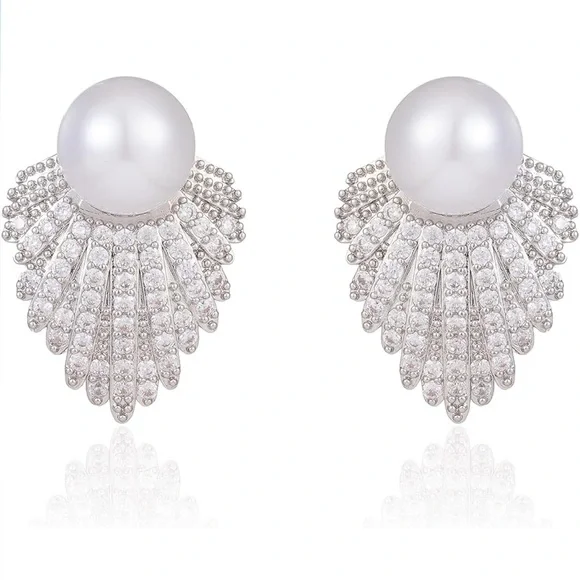 Pearl Cubic Zirconia Cluster Stud Earrings - Picture 2 of 6